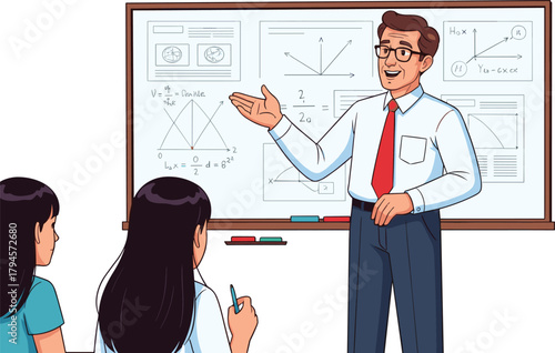 Cartoon teacher explaining math on whiteboard, students learning in classroom, educational scene, algebra and geometry lesson, vector illustration, white background