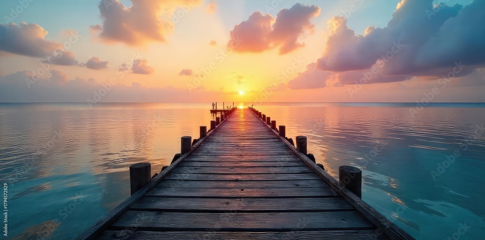 Obraz premium Rustic wooden pier stretches out over calm ocean water at sunset, creating a tranquil and picturesque scene Ideal for travel, vacation, or coastal themed projects , plank, yellow
