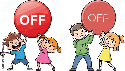 Cartoon children lifting large red OFF buttons together, symbolizing teamwork, challenge, effort, collaboration, playful illustration, humorous concept for technology and lifestyle themes