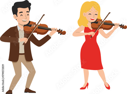 Cartoon-style violin players, joyful musical performance, male and female characters, red dress, brown jacket, vector illustration, music lovers, smiling musicians