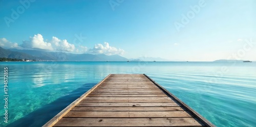 Rustic wooden shore dock extending over calm, clear water  Ideal for peaceful, tranquil scenes or nautical themes  Perfect for travel brochures, websites, or print media ,  quiet,  landscape
