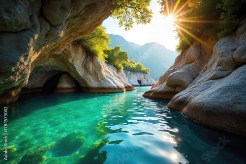 Secluded summer cove bathed in golden sunlight, calm turquoise water laps gently against smooth rocks Ideal for relaxation and tranquility, perfect summer escape , shore, coastline