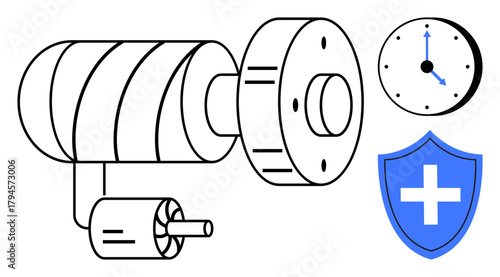 Mechanical motor parts with precision detailing, a clock emphasizing time management, and a safety shield symbolizing protection. Ideal for engineering, maintenance, reliability, safety, innovation