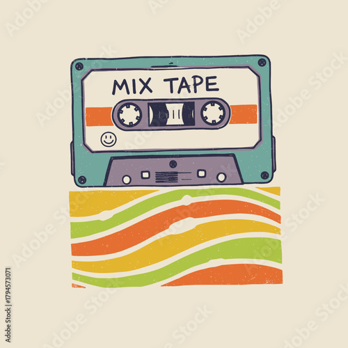 Retro Mix Tape Illustration.Vintage Cassette Design.Hand Drawn Audio Tape.Nostalgia Music Art.Groovy 80s Vibe Print