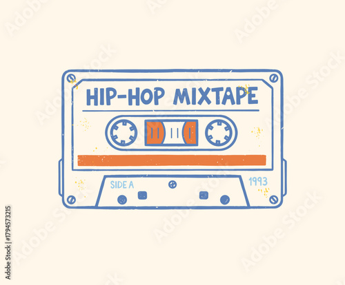 Hip-Hop Mixtape Cassette Design.Retro Audio Tape Illustration.Vintage Mixtape Vector Art.Grunge Music Tape Print.Old School Cassette Sticker