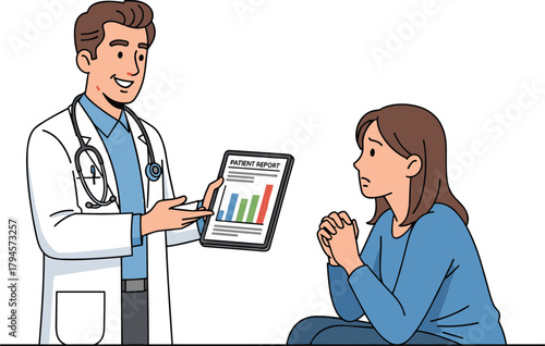 Doctor showing patient report on tablet, medical consultation scene, healthcare communication, digital data review, clinical advice, health graph explanation