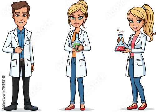 Group of cartoon scientists wearing lab coats, male and female researchers working with chemistry flasks, laboratory professionals illustration, science and innovation concept vector