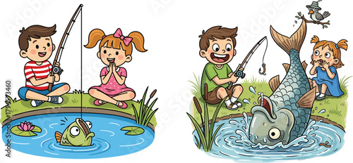 Cartoon kids fishing, pond scene, small catch, big fish, outdoor fun, emotional reaction, nature play, summer activity, playful illustration, humor