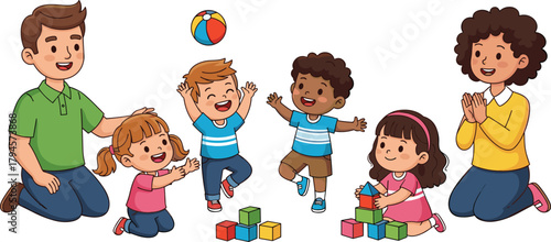Happy children playing with blocks and ball, joyful preschool activity, diverse kids learning through play, daycare fun, teacher interaction, early childhood development