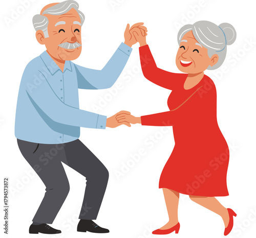 Happy elderly couple dancing together, senior romance, red dress, blue shirt, joyful movement, active aging lifestyle, vector illustration, smiling seniors