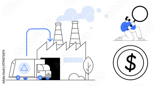 Recycling truck unloading at factory, researcher with magnifying glass studying environmental and financial data. Ideal for sustainability, eco-friendly practices, waste management, research