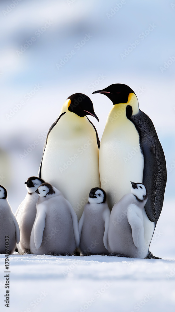 Fototapeta premium Emperor penguin family standing on snow with chicks huddled together. 
