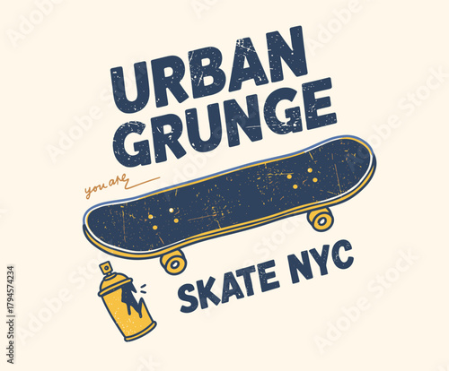 Urban Grunge Skateboard Graphic.Retro Skate NYC T-shirt Print.Distressed Streetwear Vector Art.Graffiti Can Skate Design.Youth Subculture Apparel Badg