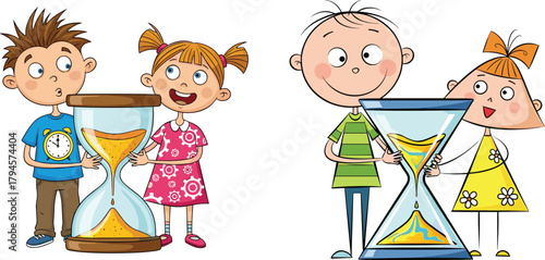 Cartoon kids, holding hourglass, time concept, educational illustration, sand timer, playful learning, curiosity, childhood, clock theme, gear design, modern frame