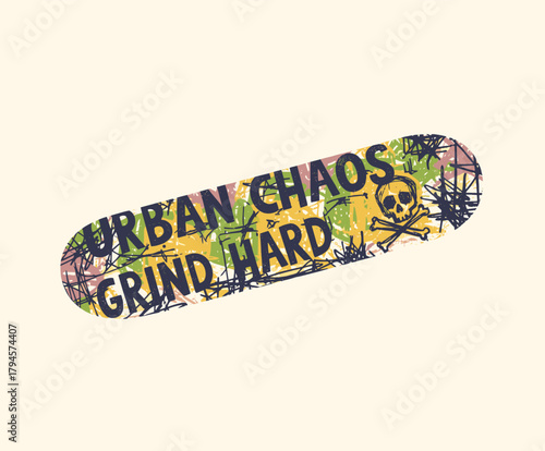 Urban Chaos Skateboard Art.Grunge Skull Deck Graphic.Grind Hard Street Vector.Retro Distressed Illustration.Abstract Skate Print Design