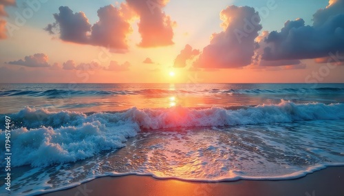 Serene sunrise over a calm ocean, gentle waves lapping the shore, soft light illuminating the water's surface, peaceful and tranquil atmosphere, perfect for relaxation and meditation , shore, water