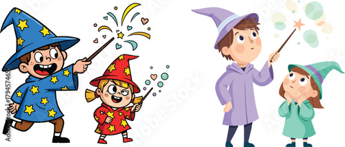 Cartoon wizards, kids with magic wands, fantasy play, spell casting, colorful effects, pastel style, imaginative scene, magical illustration, childhood fun