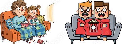 Scared kids, watching movie, popcorn, blanket, emotional reaction, suspense scene, cozy couch, entertainment moment, intense viewing, cartoon illustration, fear