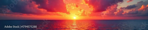 Spectacular fiery sunset over the vast ocean, vibrant colors painting the sky and reflecting on the calm water Perfect for travel, nature, and serenity themes , dramatic, pink