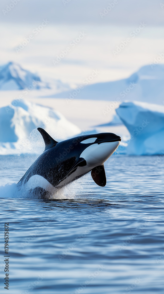 Fototapeta premium Orca leaping out of cold ocean water near Arctic icebergs. 