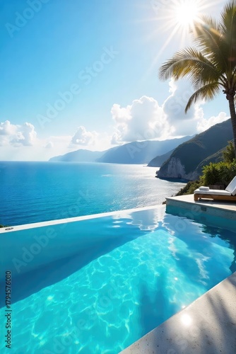 Sun-drenched infinity pool overlooking a breathtaking ocean vista Perfect for a luxurious escape and ultimate relaxation Ideal for travel brochures and website banners , serenity, retreat
