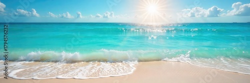 Sun-drenched turquoise water laps gently at a sandy shore, creating sparkling waves under a bright summer sky Perfect for travel, vacation, and summer themes , shore, outdoor, ocean