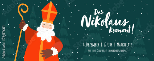 Lovely drawn Nikolaus character, text in german  "St. Nicolas is coming" - great for invitations, banners, wallpapers, cards