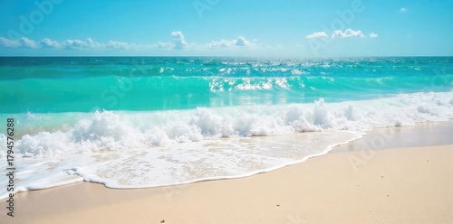 Sun-drenched turquoise waves crash on a pristine sandy beach, creating a mesmerizing summer seascape Perfect for travel, vacation, and summer-themed projects , heat, peaceful, horizon