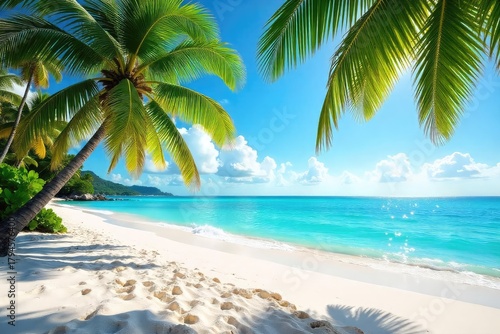 Sun-drenched white sand beach with turquoise water lapping gently at the shore, lush palm trees swaying in the tropical breeze Perfect for relaxation and escape , relaxing, tranquil, polynesia