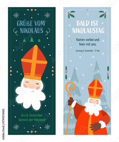 Lovely drawn Nikolaus character, text in german  "St. Nicolas Day is on 6th of December" - great for invitations, banners, wallpapers, cards