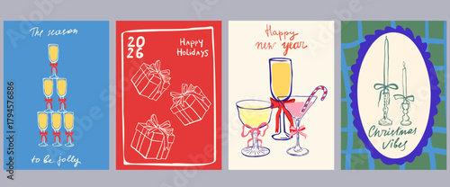 Set of Christmas greeting cards and party invitations in hand drawn vintage style, gifts, la dolce vita,  Christmas tree, candles, bows and champagne in pink, red, green and blue colors, 
