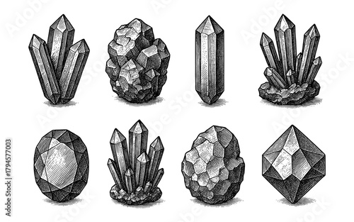 Detailed black and white engravings of crystals and gemstones in various geometric shapes