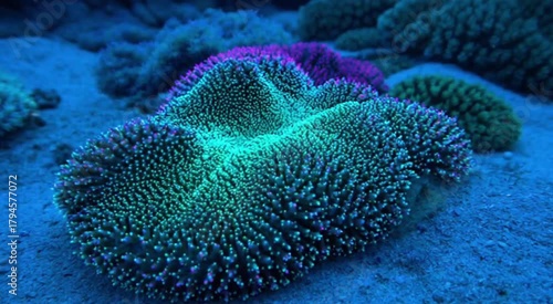 Colorful coral reef with vibrant patterns underwater at night  