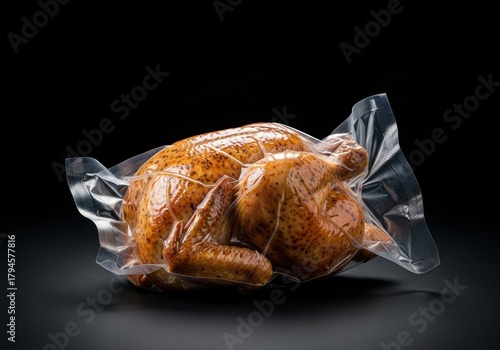 Whole roasted chicken sealed in vacuum-sealed plastic packaging for freshness. Packaged chicken on a dark background