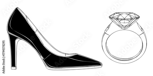 Elegant Black Heel Shoe Diamond Ring | Clean, isolated vector art for creative projects.