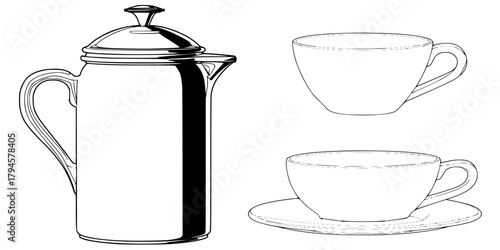 Classic Coffee Set, Vintage Tea Pot Cups | Clean, isolated vector art for creative projects.