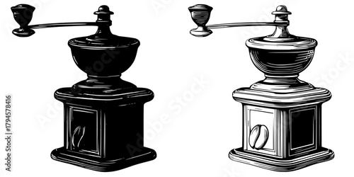 Vintage Barista's Dream: Three Stylish Scales Coffee Grinding Delight | Clean, isolated vector art for creative projects.