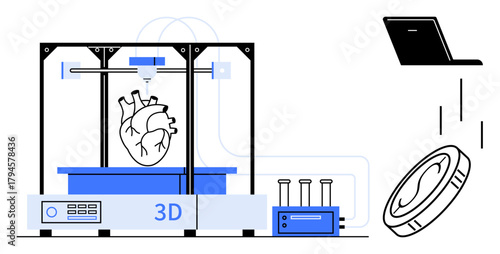 3D printer fabricating a human heart, connected computer, coins representing innovation and cost. Ideal for medical research, healthcare technology, bioengineering, biotechnology, innovation, future