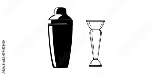 Elegant Monochrome Bar Set - Shaker Martini Glass | Clean, isolated vector art for creative projects.