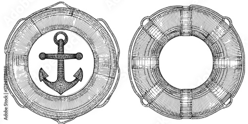 Vintage Nautical Artwork: Anchor Lifebuoy Black White | Clean, isolated vector art for creative projects.