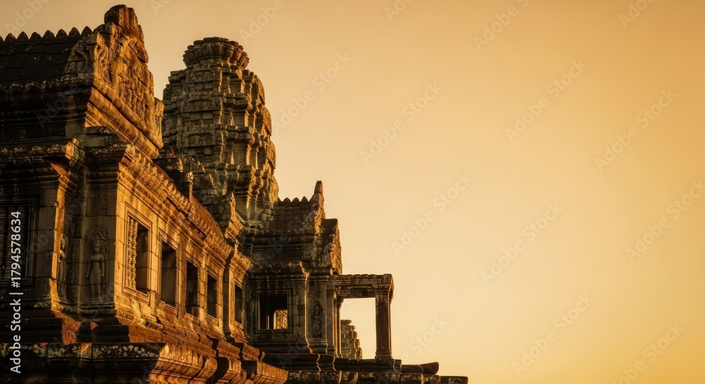 Fototapeta premium Angkor Wat temple silhouette, an iconic Khmer architecture marvel at sunset