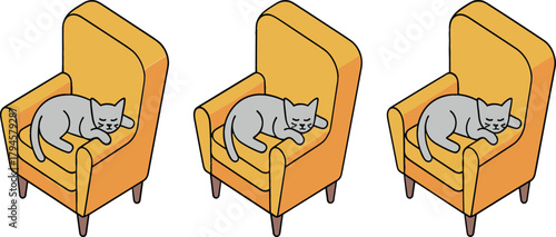 Isometric Sleeping Cat on Armchair Vector Set Home Comfort