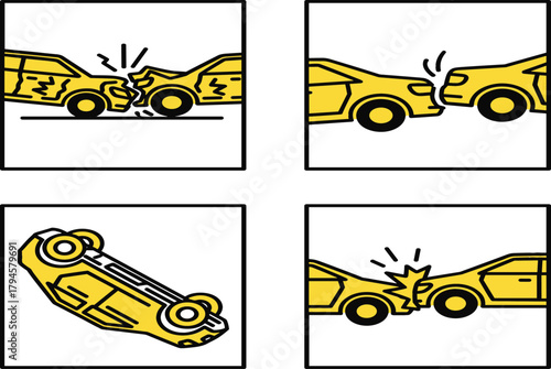Minimalist Car Accident Collision Type Vector Icon Set