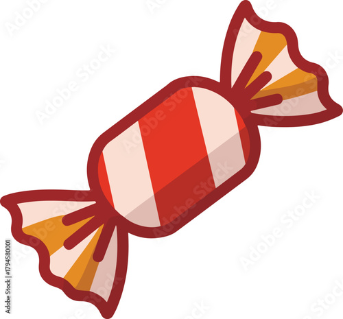 Wrapped candy vector illustration with red and white stripes and golden wrapper ends for sweet treats