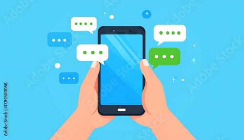 Hands hold phone with speech bubbles, suggesting a conversation. Bright, flat, vector art in blue, green, and white