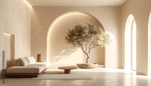 Serene indoor space. Arched alcoves, minimal furniture, tree, and soft light create a calming, minimalist interior scene