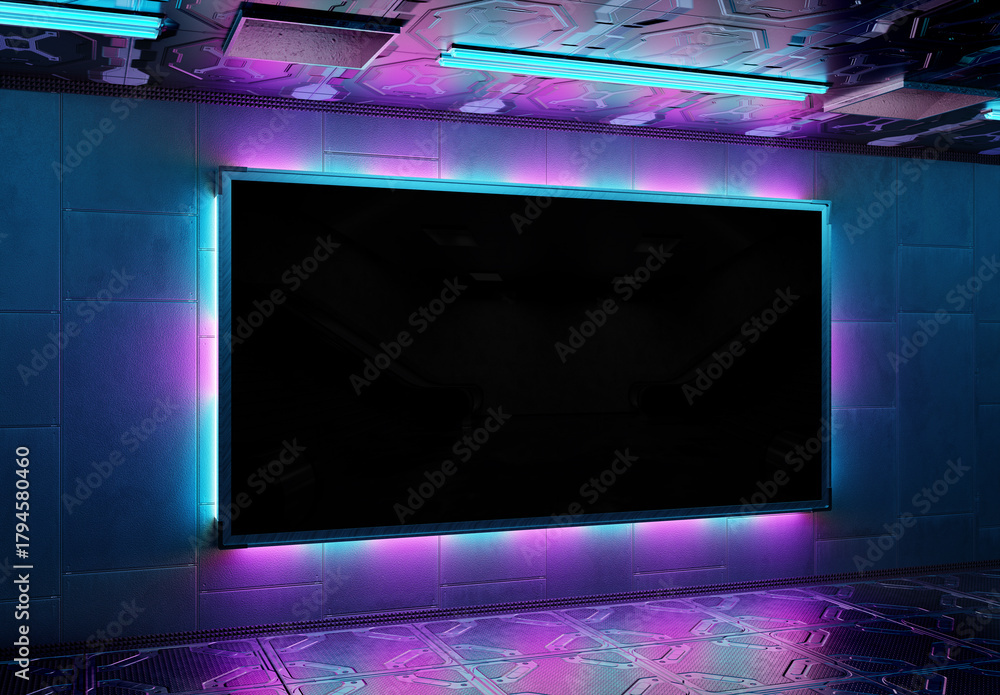 Fototapeta premium Futuristic panoramic billboard mockup. Cyberpunk style frame interior template. 3D rendering