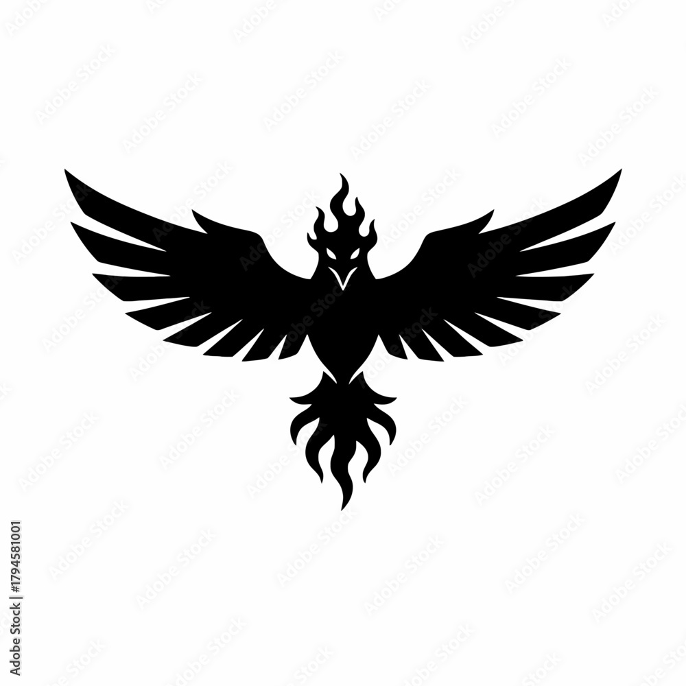 Obraz premium A powerful and stylized black phoenix with fiery head and tail, wings spread wide.