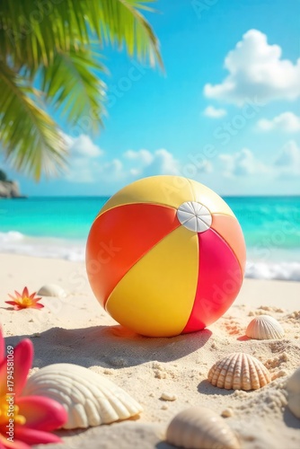 A brightly colored beach ball bounces playfully on a sun-drenched sandy beach, surrounded by summery seashells and vibrant flora, embodying carefree summer fun , ocean, pink