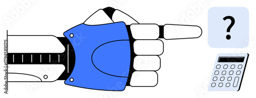 Robotic hand gesturing towards a question mark and calculator, symbolizing technology, artificial intelligence, decision-making, problem-solving, innovation, automation, and future advancements. A